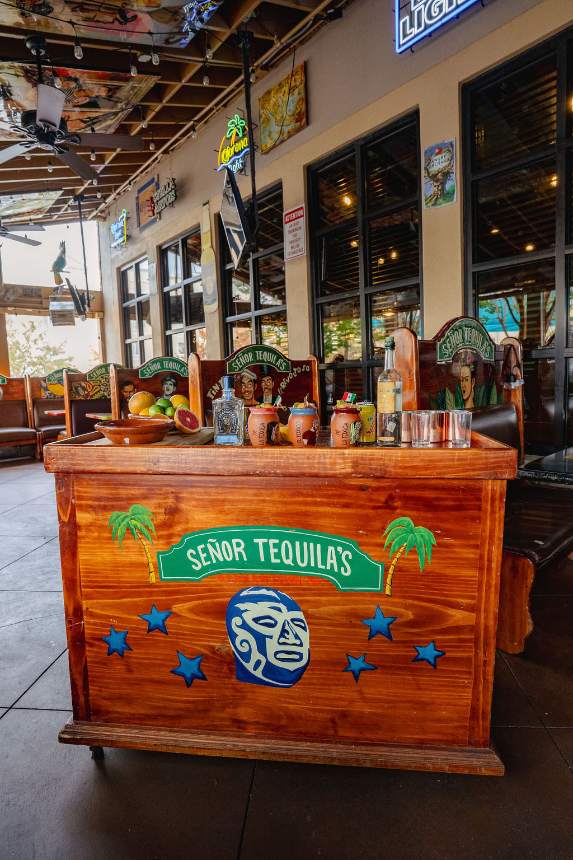 The covered Indoor Patio: the Señor Tequila's bar cart with the luchador mask, painted chairs and neon signs under the roof
