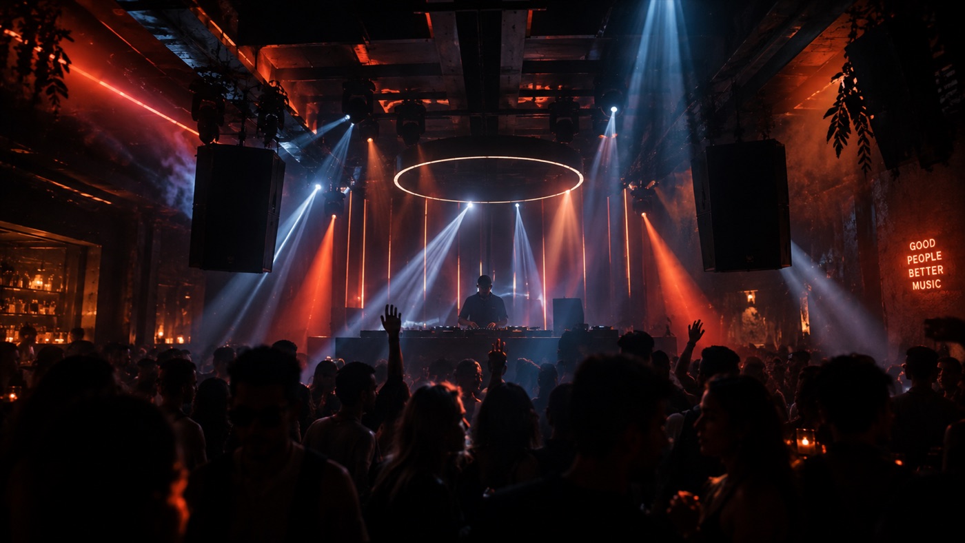 The sound and lighting rig lit in colour over a dance floor
