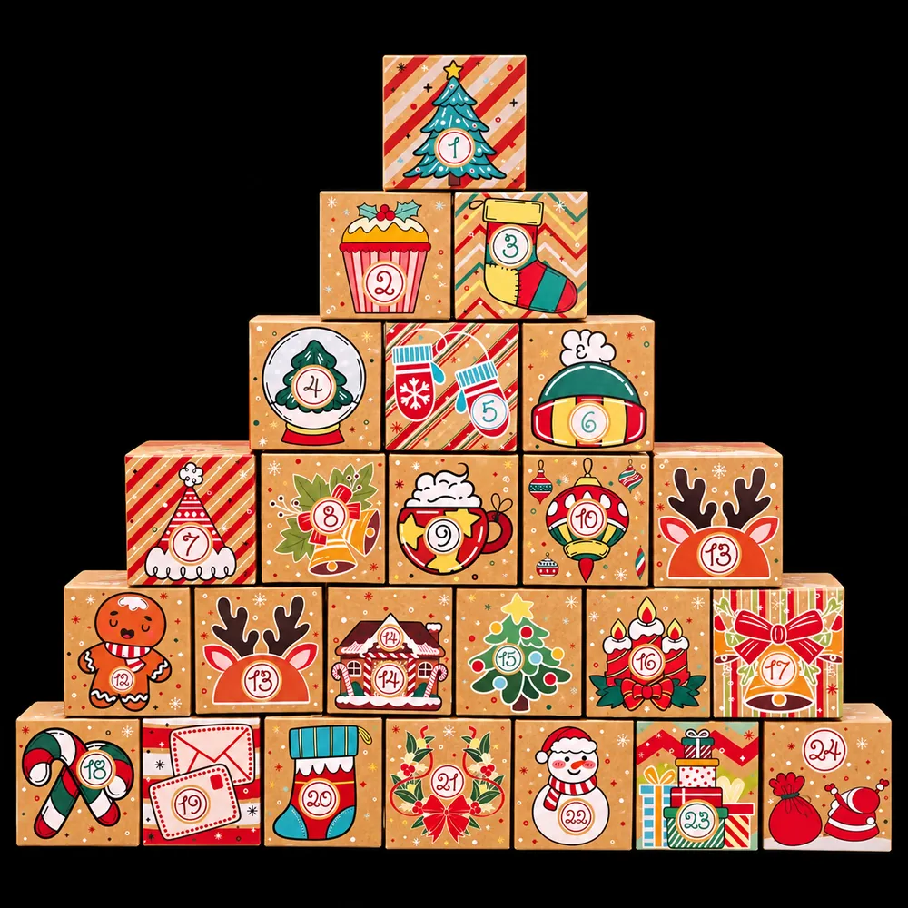 A pyramid of 24 numbered holiday gift boxes in kraft paper, each printed with a Christmas design: a tree, stockings, mittens, reindeer, a gingerbread man, a snowman